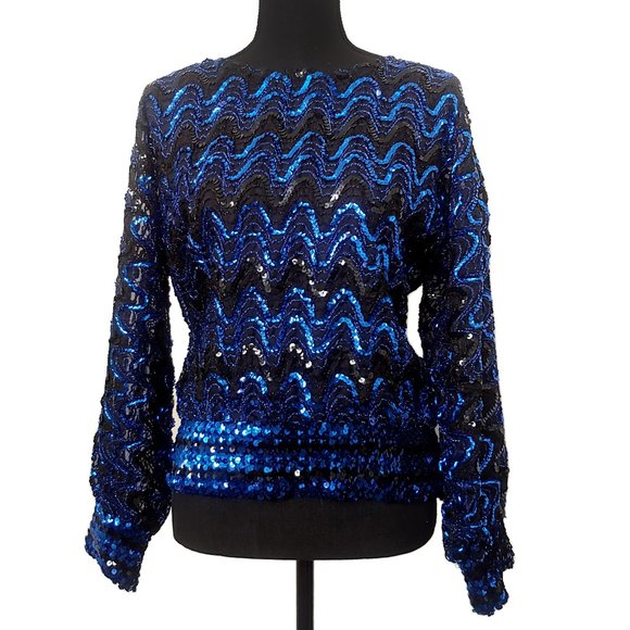 Vintage Blue and Black SequinDisco Blouse - Picture 1 of 4